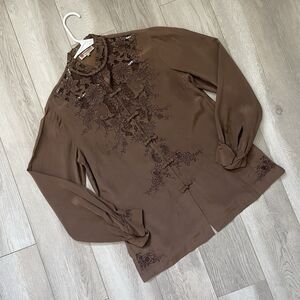 Peony Silk Blouse hand embroidered button up womens Brown (small) feminine